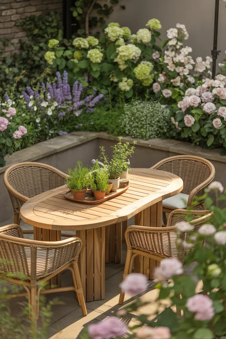 Elegante Gartenmöbel aus geflochtenem Material, ideal für entspannte Stunden im Freien, perfekt für Terrassen und Outdoor-Bereiche.