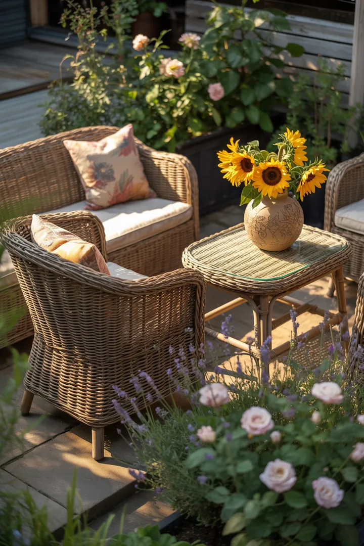 Elegantes Outdoor-Set aus geflochtenem Material, ideal für Garten und Terrasse, bietet Komfort und Stil für entspannte Stunden im Freien.