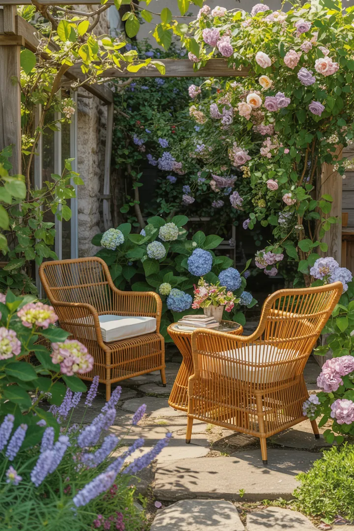 Elegantes Outdoor-Set aus geflechteten Materialien, ideal für entspannte Momente im Garten oder auf der Terrasse, mit stilvollen Rattan-Möbeln.