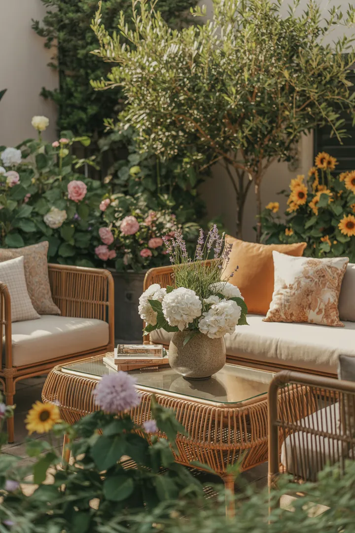 Elegantes Outdoor-Set aus wetterfestem Geflecht, ideal für entspannte Stunden im Garten oder auf der Terrasse. Perfekt für stilvolle Terrassenmöbel.