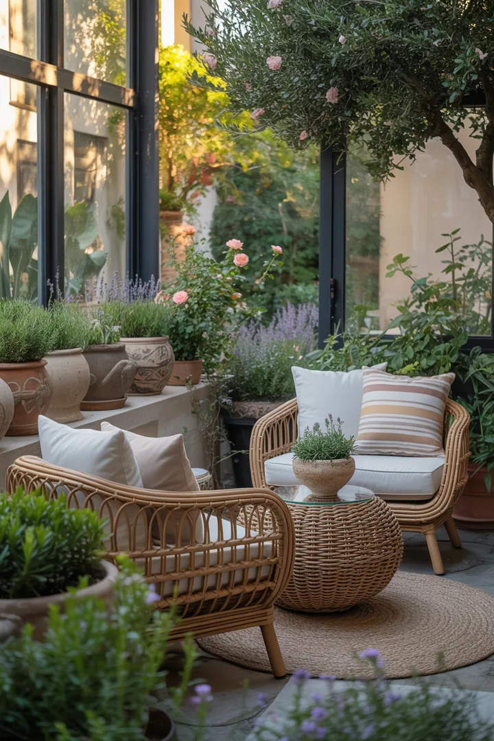 Elegantes Outdoor-Set aus langlebigem Geflecht, ideal für Terrassen, bestehend aus stilvollen Rattan-Möbeln für entspannte Gartenmomente.