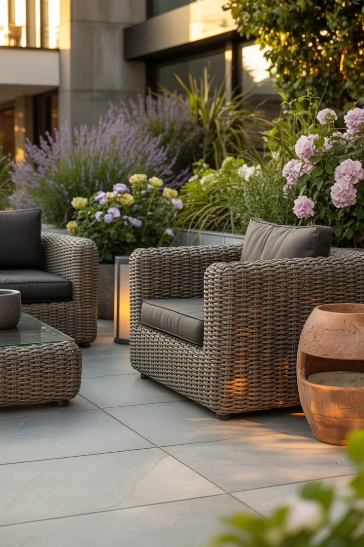 Elegantes Outdoor-Set aus langlebigem Geflechtmaterial, ideal für die Gestaltung des Gartens oder der Terrasse mit stilvollen Rattan-Möbeln.