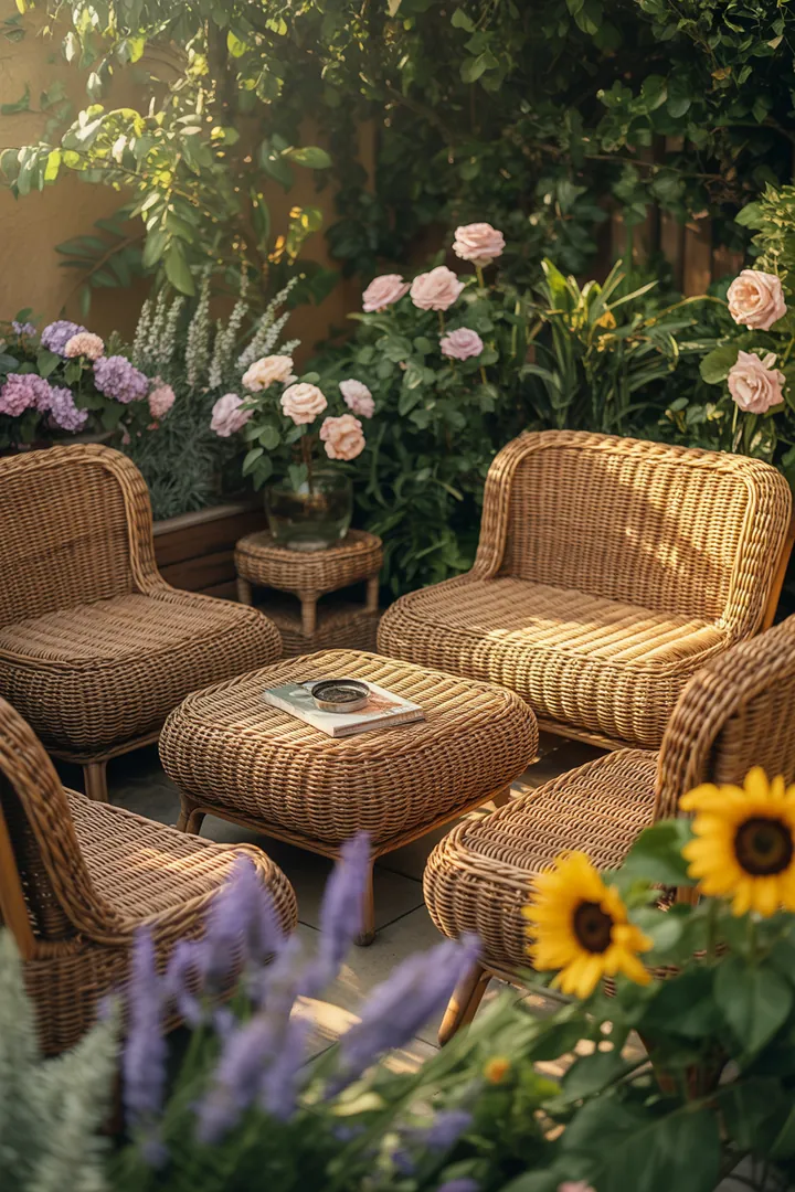 Elegantes Set für den Außenbereich, bestehend aus stilvollen Geflechtmöbeln, ideal für entspannte Stunden auf der Terrasse. Hochwertige Polyrattan-Variante für Langlebigkeit.