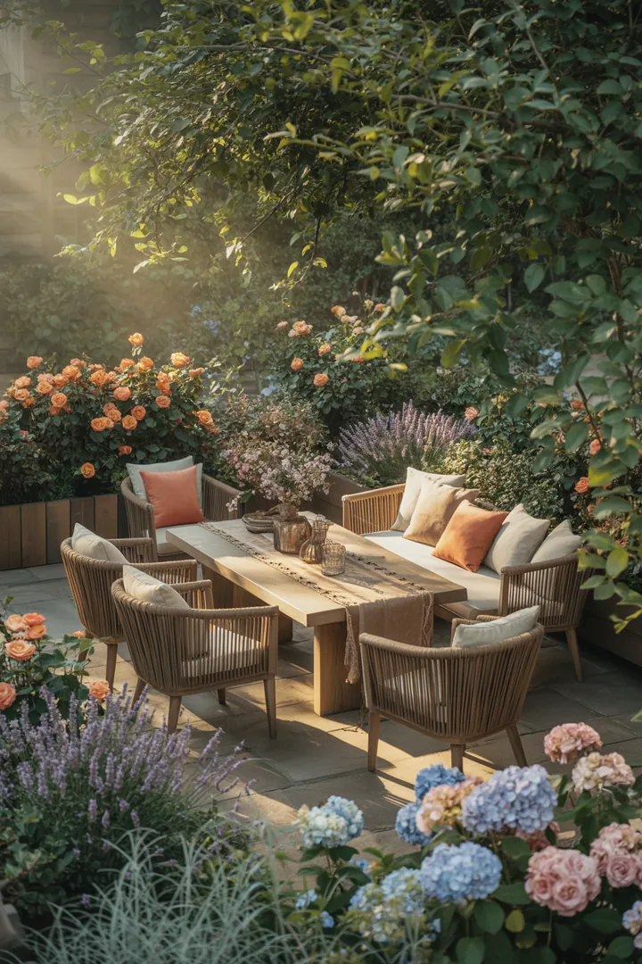 Ein einladendes Outdoor-Arrangement mit massiven Möbeln in Holzoptik, das rustikales Design und Naturmöbel im charmanten Landhausstil vereint.