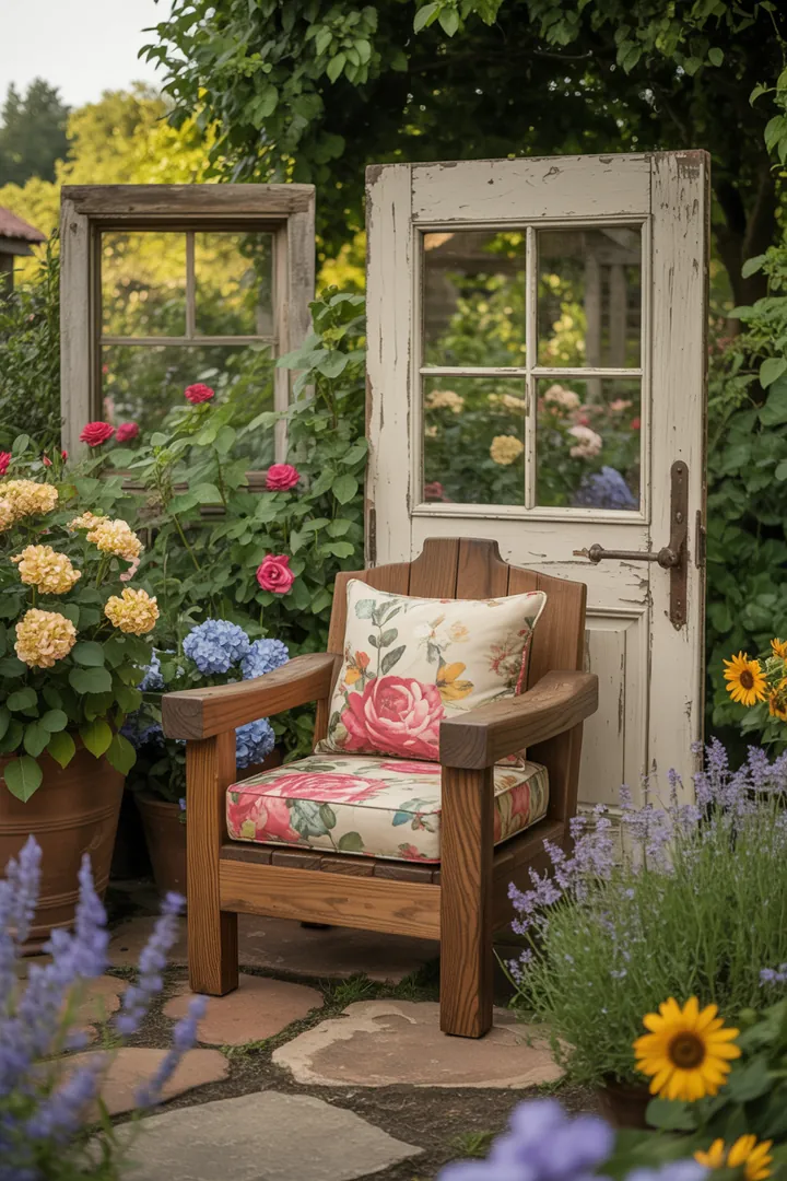 Ein einladender Außenbereich mit massiven Möbeln in natürlicher Holzoptik, die rustikales Design im Landhausstil verkörpern und perfekt für entspannte Stunden in der Natur sind.