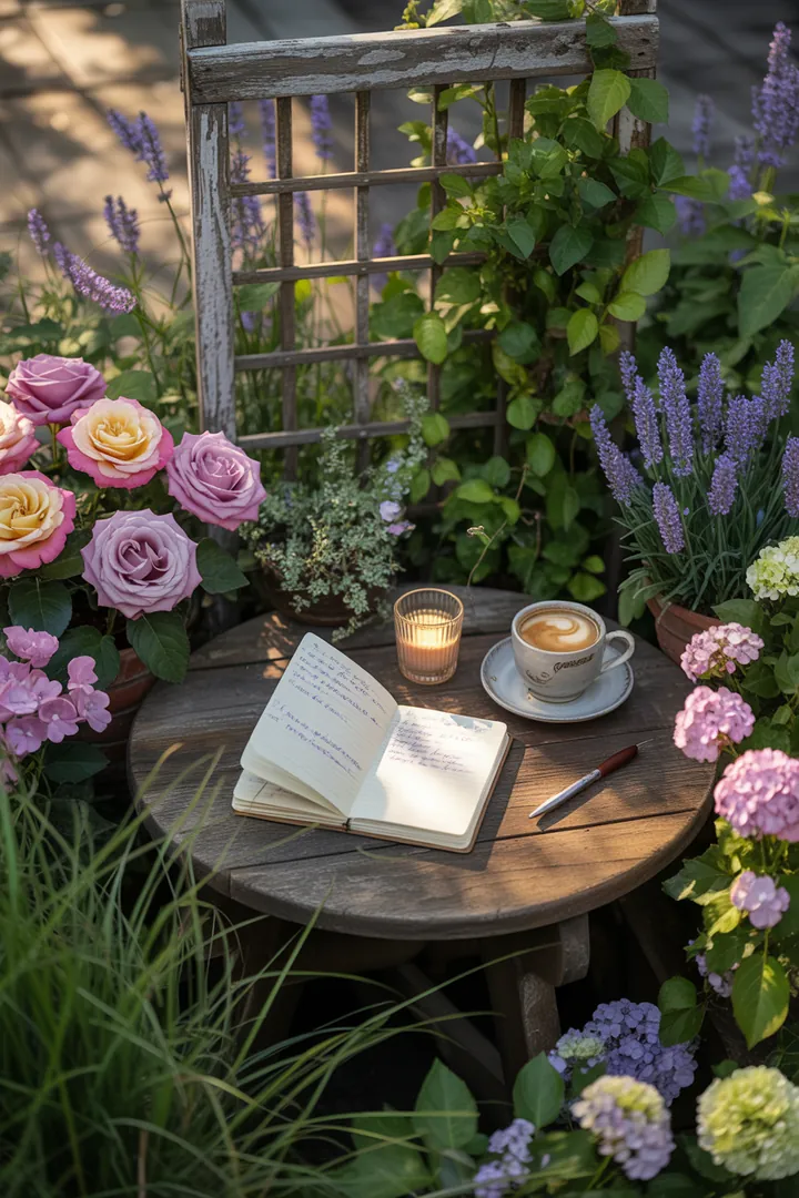 "Ein einladender Außenbereich mit robusten Möbeln in natürlicher Holzoptik, die rustikales Design im Landhausstil verkörpern und aus massivem Holz gefertigt sind."