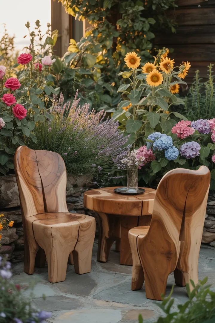 „Gemütliche Sitzgruppe aus massivem Holz in natürlicher Optik, perfekt für einen rustikalen Garten im Landhausstil.“