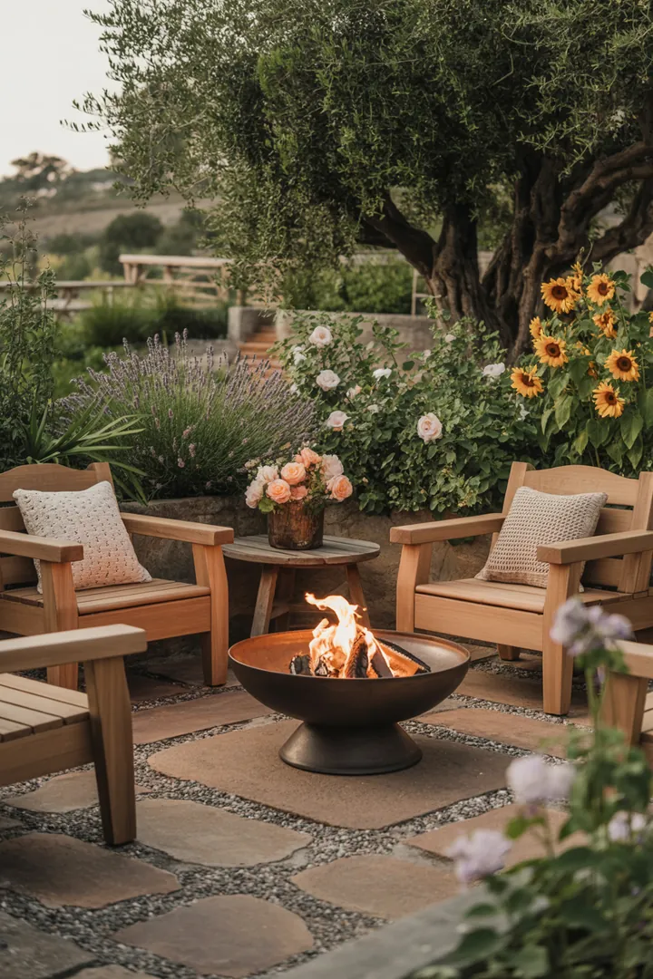 Elegante Sitzgelegenheit aus robustem Material im ländlichen Stil, ideal für entspannte Momente im Freien und harmonisch in die Natur integriert.