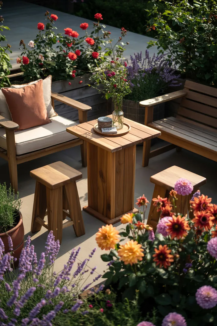 "Ein einladender Außenbereich mit robusten Möbeln in Holzoptik, die den Charme des Landhausstils verkörpern, ideal für naturnahe Entspannung."