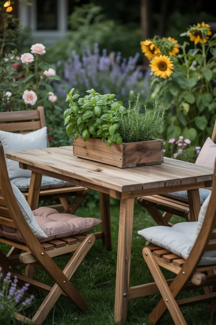 "Ein einladendes Outdoor-Setting mit robusten Möbeln in Holzoptik, perfekt für naturnahe Gestaltung im Landhausstil und rustikales Design."