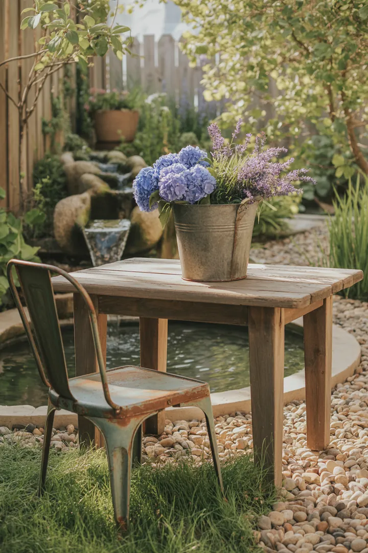 Elegante Möbel im natürlichen Stil, gefertigt aus massivem Holz, ideal für rustikale Gartengestaltung und harmonische Außenbereiche.