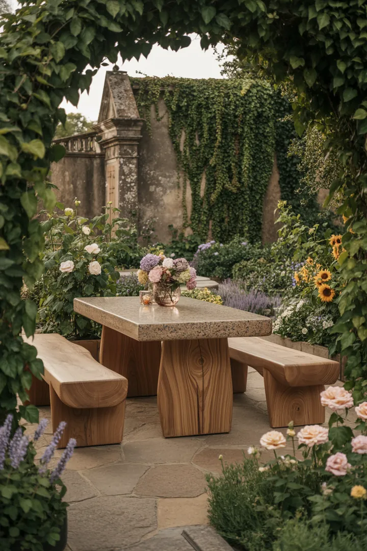 Entspanne in einem einladenden Außenbereich mit stilvollen Möbeln in natürlicher Holzoptik, die rustikales Design und Landhausstil vereinen.
