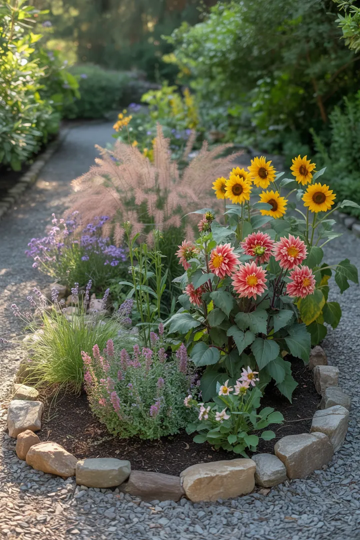 Bunt bepflanzte Gartenlandschaft mit bunten Stauden und zarten Gräsern, umgeben von einer eleganten Beeteinfassung und Mulch, ergänzt durch einen Tröpfchenschlauch zur effizienten Bewässerung.