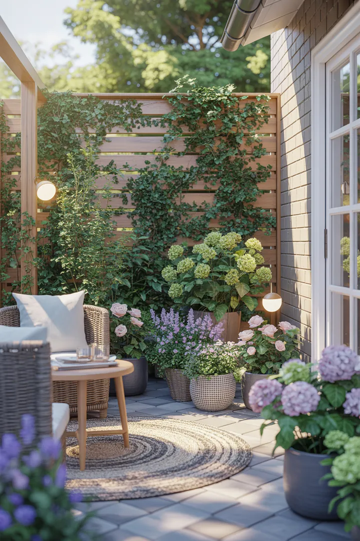 Elegante Outdoor-Gestaltung mit stilvollen Terrassenplatten, gemütlichen Gartenmöbeln, einem modernen Sichtschutz, einem dekorativen Outdoor-Teppich, Pflanzkübeln und stimmungsvoll integrierter Außenbeleuchtung.