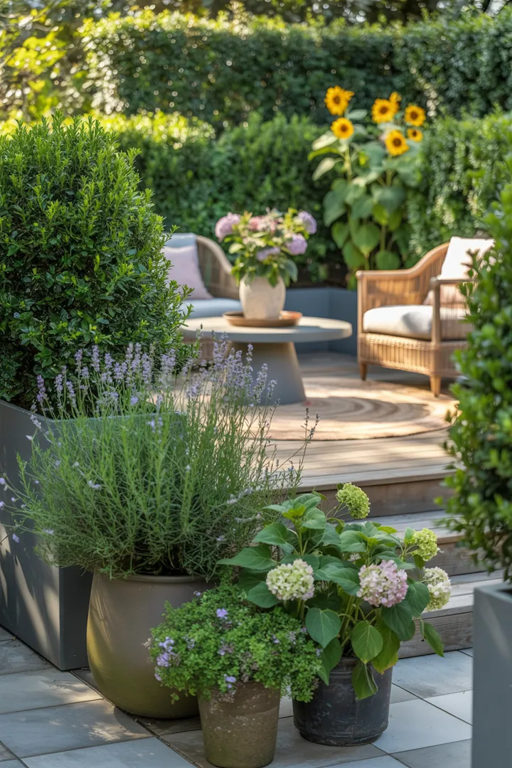 Charmante Außenansicht mit stilvollen Terrassenplatten, modernem Sichtschutz, gemütlichen Gartenmöbeln, eleganten Pflanzkübeln und stimmungsvollem Outdoor-Teppich unter sanfter Außenbeleuchtung.