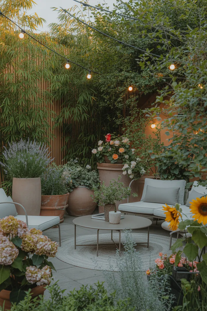 Ein stilvoll gestalteter Außenbereich mit eleganten Platten, einem dekorativen Teppich, modernen Möbeln, attraktiven Kübeln und stimmungsvoller Beleuchtung für optimale Privatsphäre.