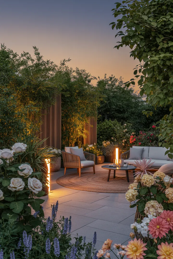 Ein stilvoll gestalteter Außenbereich mit eleganten Bodenbelägen, dekorativen Pflanzkübeln, gemütlichen Möbeln und stimmungsvollem Licht für eine einladende Atmosphäre.
