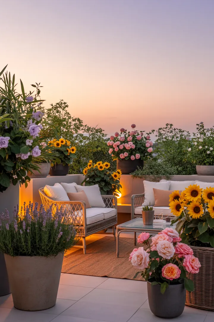 Gemütlicher Außenbereich mit stilvollen Terrassenplatten, modernem Sichtschutz, einem farbenfrohen Outdoor-Teppich, eleganten Gartenmöbeln, dekorativen Pflanzkübeln und stimmungsvolle Außenbeleuchtung.