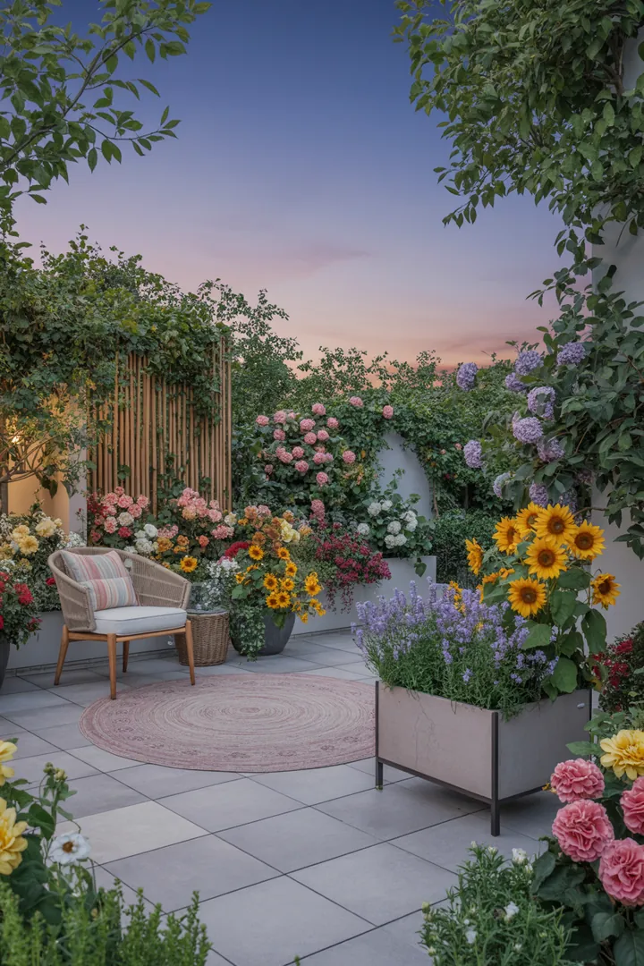 Stilvolle Außengestaltung mit eleganten Bodenplatten, gemütlichen Möbeln, dekorativen Pflanzkübeln und stimmungsvollem Licht für privaten Rückzugsort.