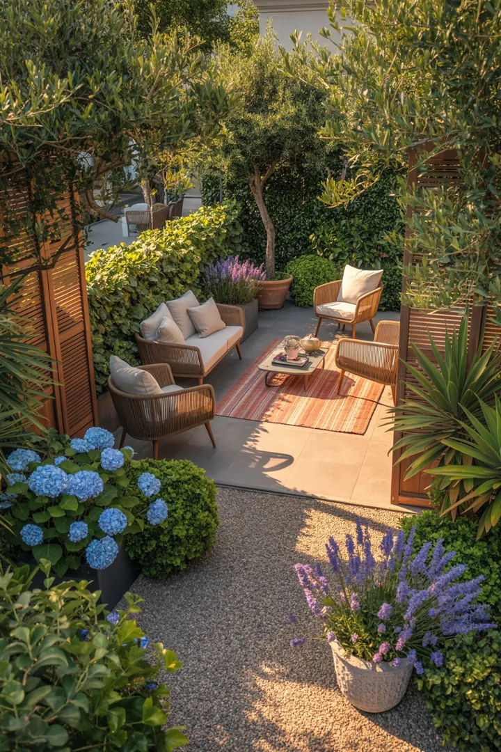 Ein stilvoll gestalteter Außenbereich mit eleganten Fliesen, einem dekorativen Sichtschutz, einem gemütlichen Teppich, modernen Möbeln, dekorativen Kübeln und stimmungsvoller Beleuchtung.