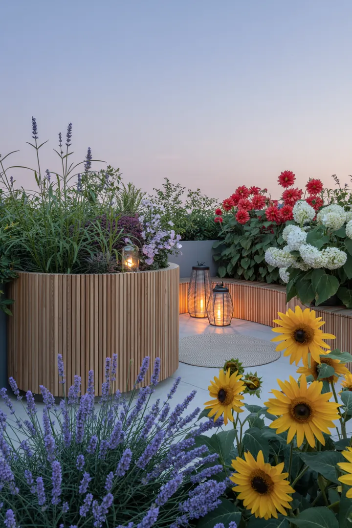 Ein stilvoll gestalteter Außenbereich mit eleganten Terrassenplatten, einem modernen Sichtschutz, einem gemütlichen Outdoor-Teppich, ansprechenden Gartenmöbeln, dekorativen Pflanzkübeln und stimmungsvoller Außenbeleuchtung.