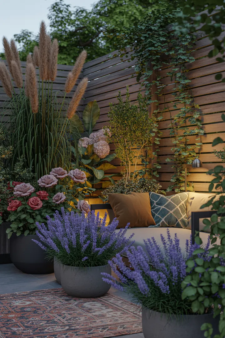 Ein stilvoll gestalteter Außenbereich mit modernen Terrassenplatten, eleganten Gartenmöbeln, dekorativen Pflanzkübeln, einem gemütlichen Outdoor-Teppich und sanfter Außenbeleuchtung für eine entspannte Atmosphäre.