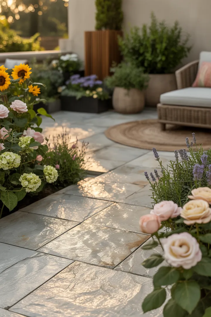 Elegante Outdoor-Gestaltung mit stilvollen Platten, schützendem Sichtschutz, gemütlichen Möbeln, dekorativen Pflanzkübeln und stimmungsvollem Licht.