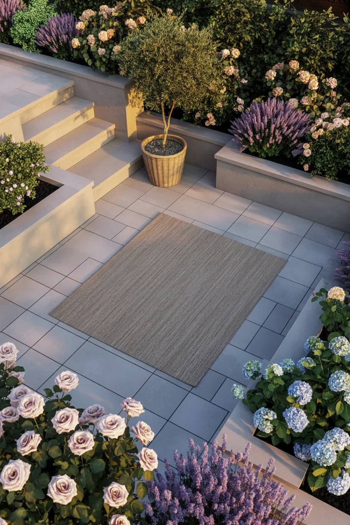 Moderne Gartenlandschaft mit stilvollen Terrassenplatten, eleganten Gartenmöbeln, einem dekorativen Sichtschutz, farbenfrohen Pflanzkübeln und stimmungsvollem Outdoor-Teppich unter sanfter Außenbeleuchtung.