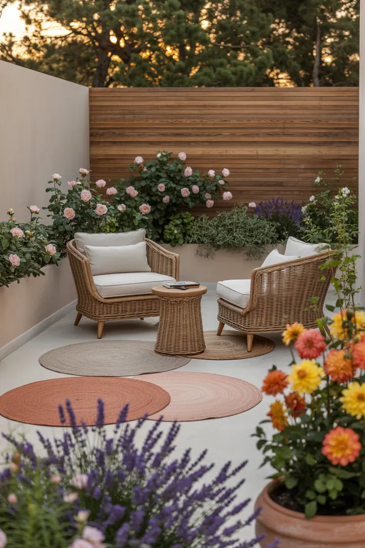 Ein stilvoller Außenbereich mit modernen Terrassenplatten, eleganten Gartenmöbeln, einem gemütlichen Outdoor-Teppich, dekorativen Pflanzkübeln und stimmungsvollem Licht für den perfekten Sichtschutz.