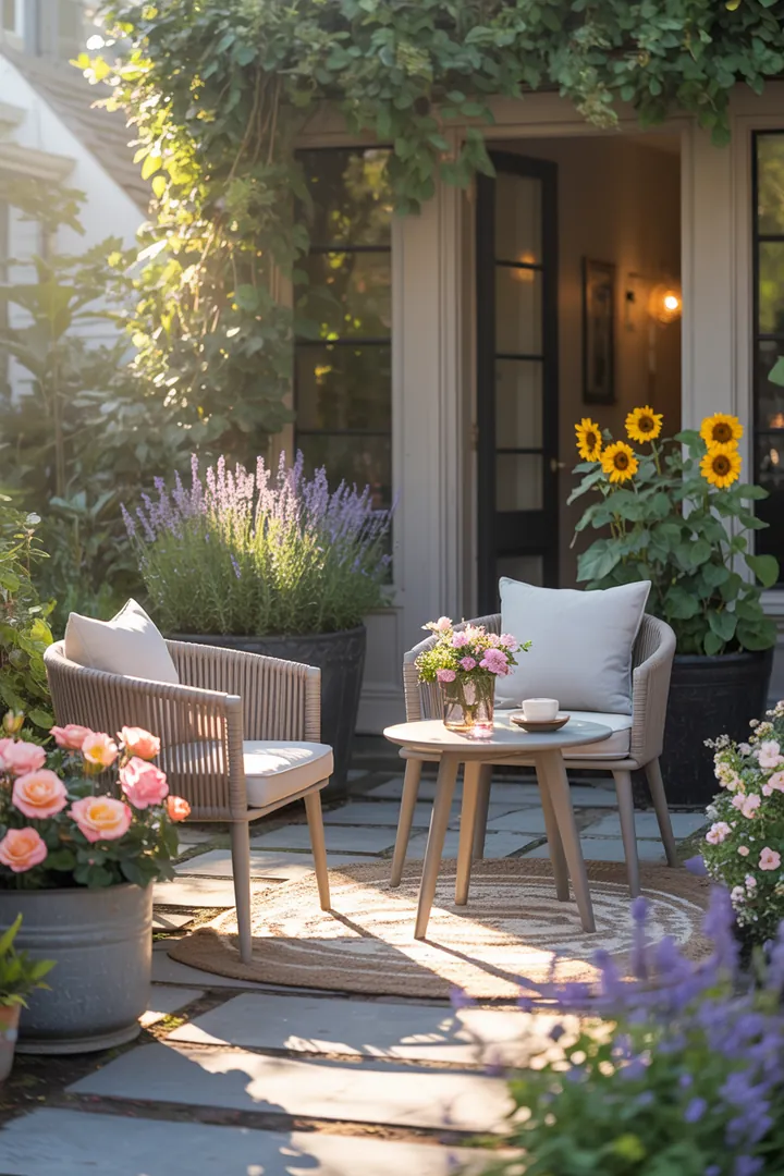 Ein stilvoll gestalteter Außenbereich mit modernen Bodenbelägen, dekorativen Pflanzenbehältern, gemütlichen Möbeln und stimmungsvollem Licht für eine einladende Atmosphäre.