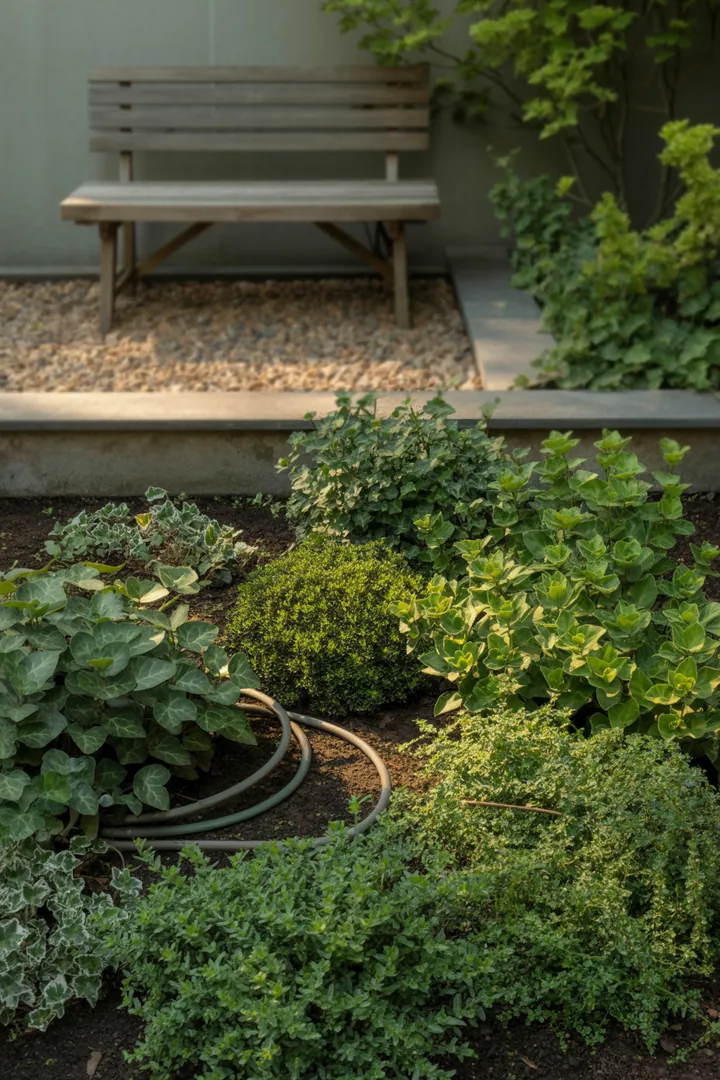 Grüne Landschaft mit attraktiven Bodendeckerpflanzen, umgeben von Pflanzvlies und Mulch, während ein Pflanzspaten und ein Bewässerungsschlauch zur optimalen Pflege bereitliegen.