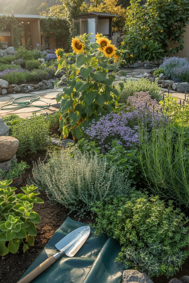 "Vielfältige Gartenwerkzeuge und Materialien zur Pflege von Bodendeckerpflanzen, darunter ein Pflanzvlies, Mulch, ein Pflanzspaten und ein Bewässerungsschlauch, um eine natürliche Rasenkante zu gestalten."