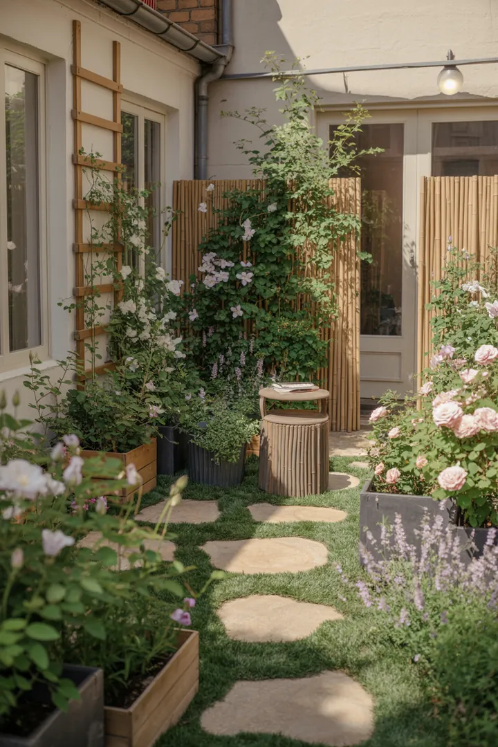 Ein stilvoll gestalteter Außenbereich mit schmalen Pflanzkübeln, einem dekorativen Rankgitter, Sichtschutzmatten, eleganten Trittplatten, einer praktischen Mülltonnenbox und einer modernen Außenleuchte.