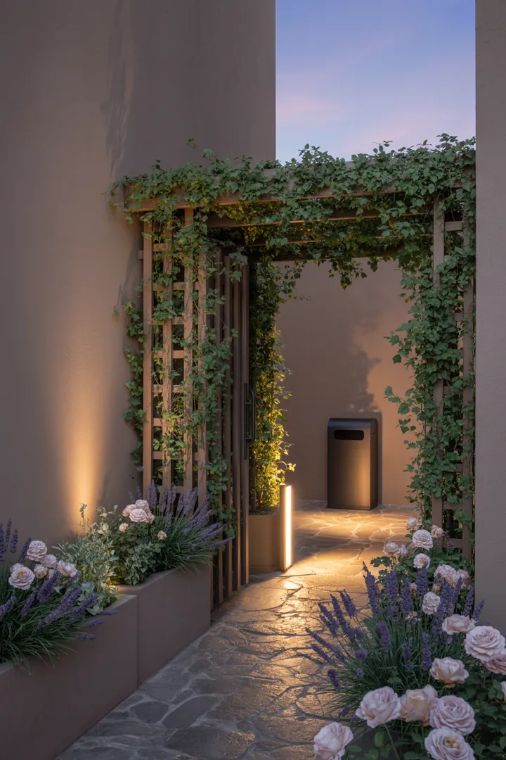 Elegante Gartenanordnung mit schmalen Pflanzkübeln, einem dekorativen Rankgitter, Sichtschutzmatten, stabilen Trittplatten und einer funktionalen Mülltonnenbox, ergänzt durch stilvolle Außenleuchten.