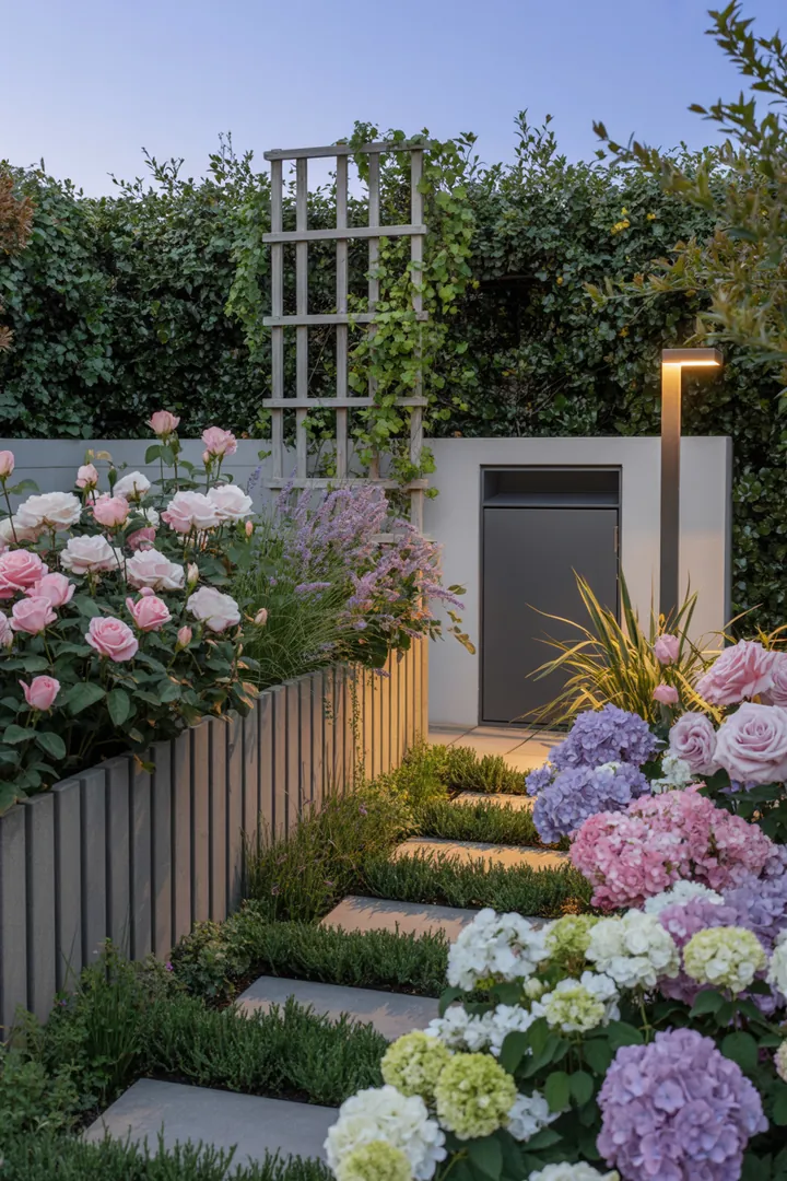 Ein stilvoll gestalteter Außenbereich mit schmalen Pflanzkübeln, einem eleganten Rankgitter, Sichtschutzmatten, stabilen Trittplatten, einer praktischen Mülltonnenbox und einer modernen Außenleuchte.