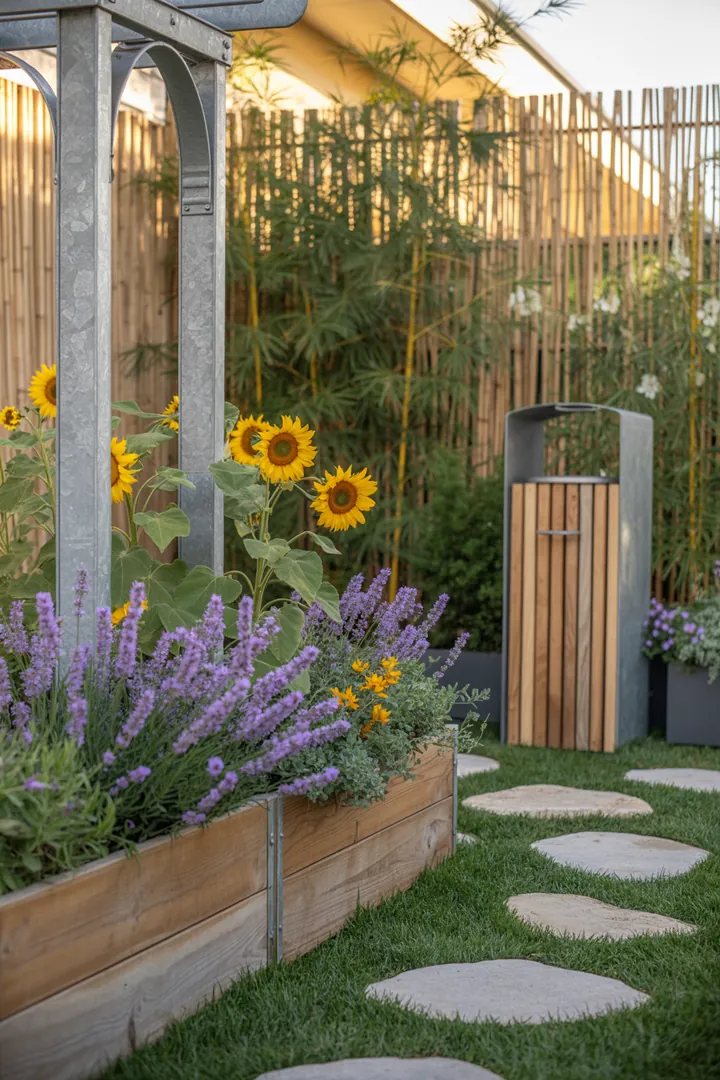 Ein stilvoller Gartenbereich mit schmalen Pflanzkübeln, einem eleganten Rankgitter, Sichtschutzmatten, robusten Trittplatten und einer modernen Mülltonnenbox, beleuchtet von einer ansprechenden Außenleuchte.