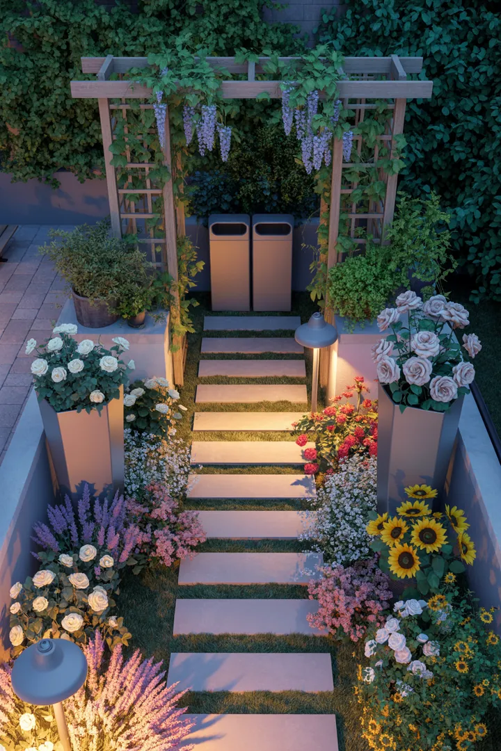 „Elegante Gartenlandschaft mit schmalen Pflanzkübeln, einem dekorativen Rankgitter, Sichtschutzmatten und stilvollen Trittplatten, ergänzt durch eine praktische Mülltonnenbox und moderne Außenleuchte.“