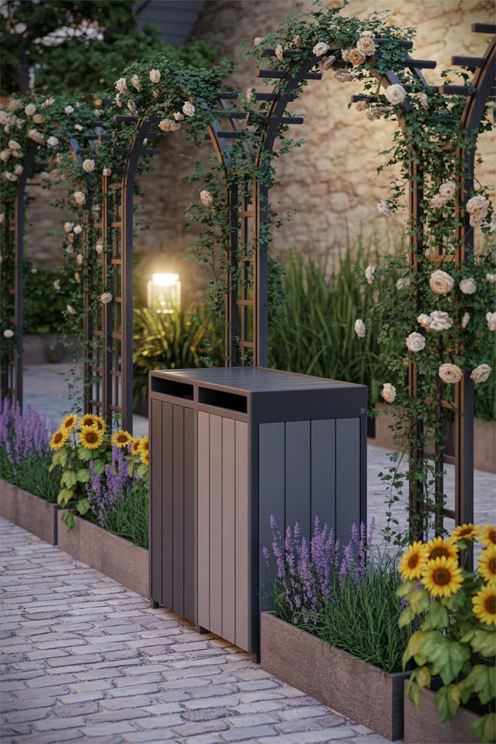 Ein stilvoll gestalteter Außenbereich mit schmalen Pflanzkübeln, einem eleganten Rankgitter, Sichtschutzmatten, stabilen Trittplatten, einer praktischen Mülltonnenbox und einer warmen Außenleuchte.
