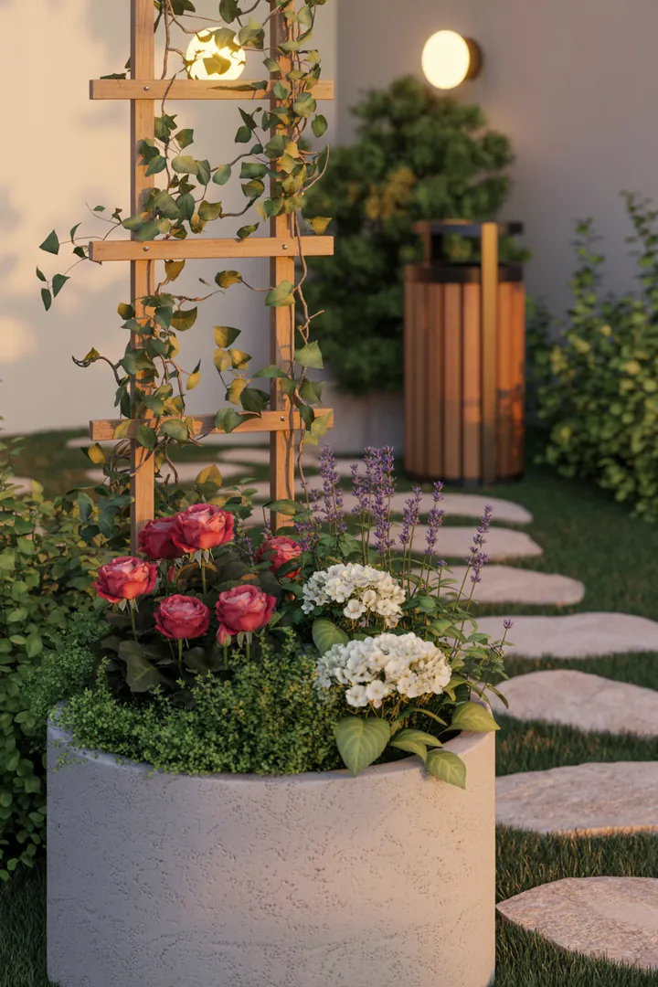 Elegante Gartenlandschaft mit schmalen Pflanzkübeln, dekorativen Rankgittern, Sichtschutzmatten, stilvollen Trittplatten und einer praktischen Mülltonnenbox, beleuchtet von einer modernen Außenleuchte.