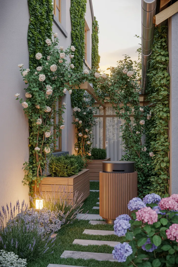 Elegante Außenansicht mit schmalen Pflanzkübeln, einem dekorativen Rankgitter, Sichtschutzmatten, stilvollen Trittplatten und einer praktischen Mülltonnenbox, ergänzt durch eine moderne Außenleuchte.