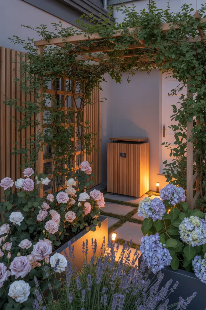 Ein stilvoll gestalteter Außenbereich mit schmalen Pflanzkübeln, einem eleganten Rankgitter, Sichtschutzmatten, stabilen Trittplatten und einer modernen Mülltonnenbox, ergänzt durch eine ansprechende Außenleuchte.