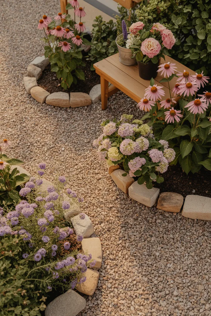 Eine harmonische Gartengestaltung mit dekorativen Kieswaben, eleganten Randsteinen und einem schützenden Unkrautvlies, ideal für Stauden und Pflanzplaner.