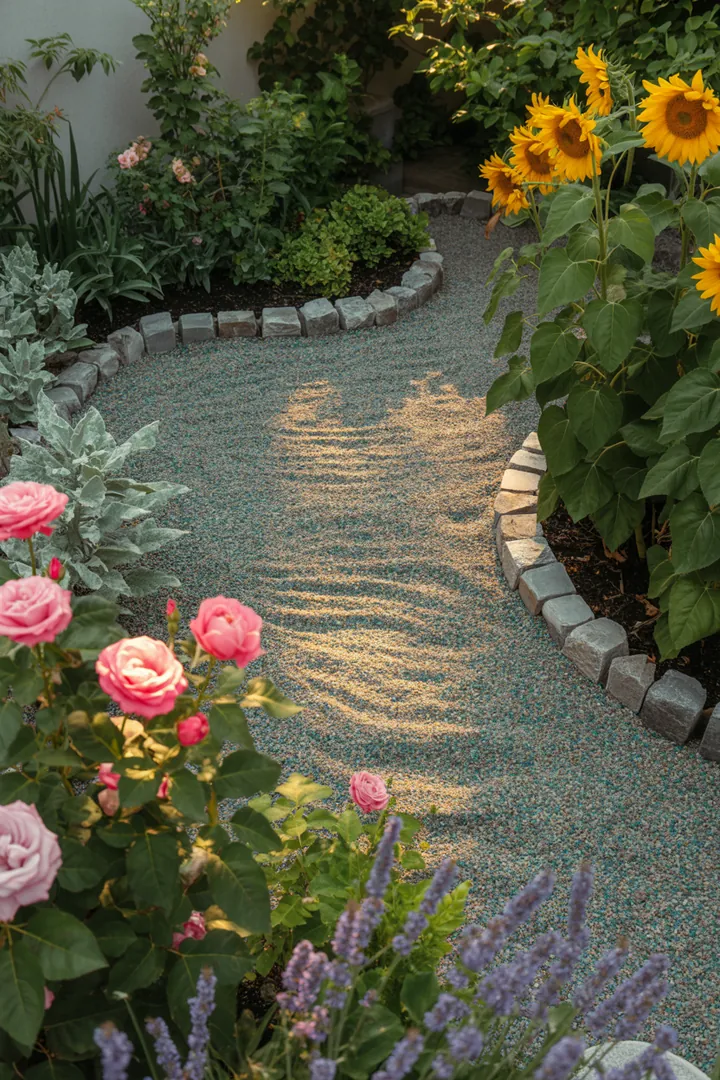 Bunte Kiesflächen mit strukturierten Waben, umgeben von Randsteinen und geschützt durch Unkrautvlies, ideal für kreative Pflanzplaner und Staudenarrangements.