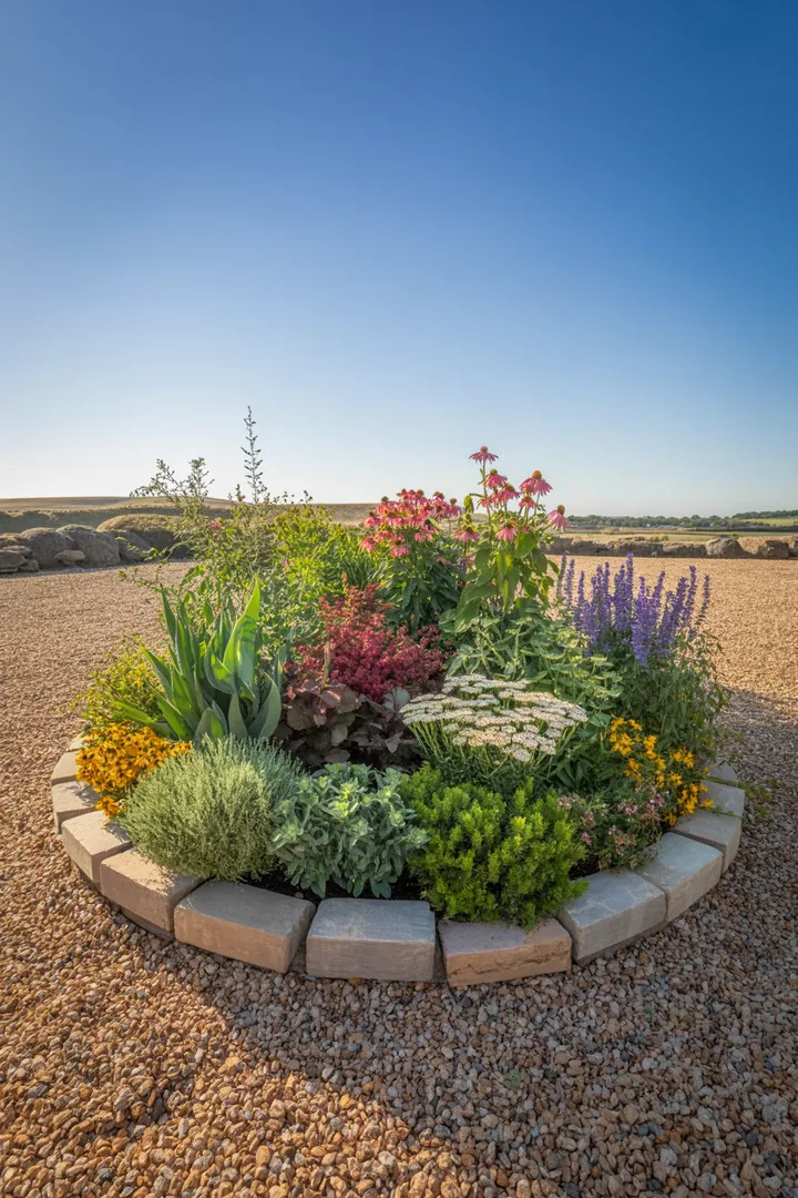 Ein dekorativer Gartenbereich mit farbenfrohen Pflanzen, umgeben von strukturierenden Kieswaben, umrandet von stabilen Randsteinen und einem Unkrautvlies für optimale Pflege.