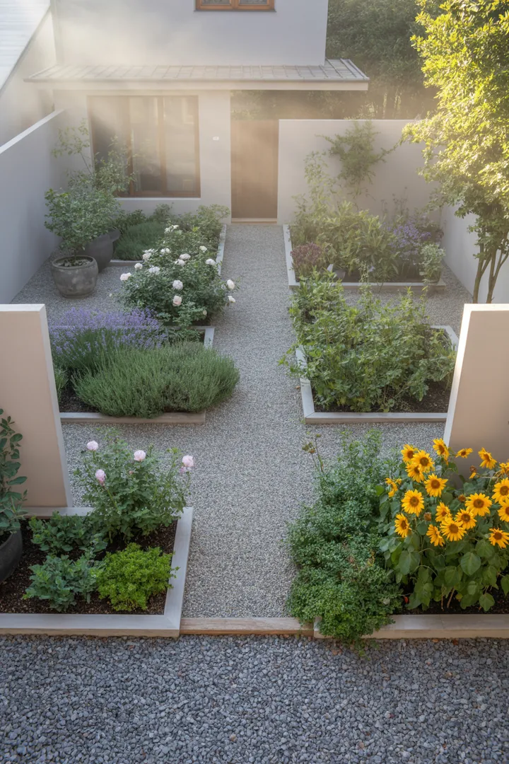 Ein harmonisches Gartenlayout mit bunten Stauden, umgeben von dekorativem Zierkies und stabilen Randsteinen, ergänzt durch ein Unkrautvlies für optimale Pflege.