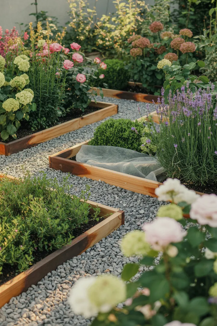 Bunte Gartenlandschaft mit dekorativem Zierkies, strukturierten Kieswaben, stabilen Randsteinen und einem Schutz aus Unkrautvlies, ideal für einen Pflanzplaner mit Stauden.
