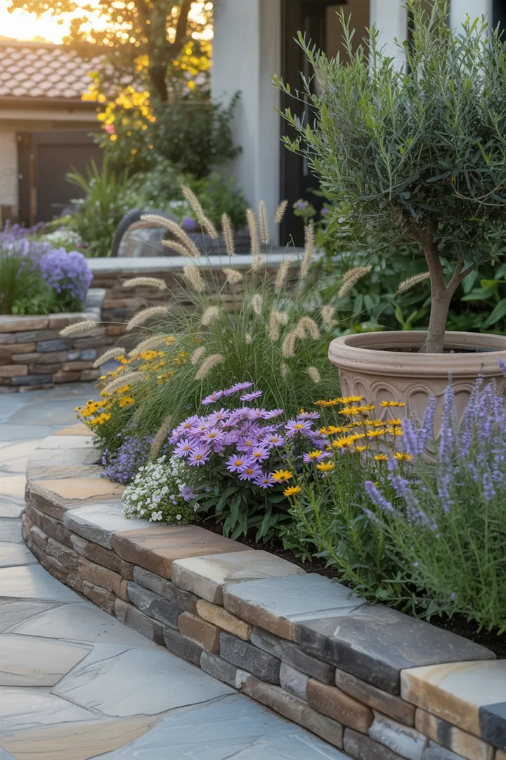 Ein idyllischer Gartenbereich mit einer eleganten Begrenzung, wo farbenfrohe Pflanzen in Töpfen und lebendige Gräser harmonisch angeordnet sind.