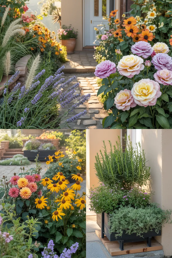 Eine harmonische Gartenlandschaft mit dekorativen Begrenzungen aus Steinen, umgeben von verschiedenen Pflanzen und Kübeln, die Unkraut unterdrücken.