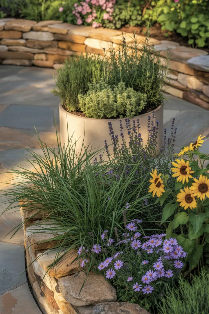 Eine farbenfrohe Gartenlandschaft mit attraktiven Randsteinen, umrahmenden Gräsern und blühenden Stauden, ergänzt durch stilvolle Pflanzkübel und schützendem Unkrautvlies.