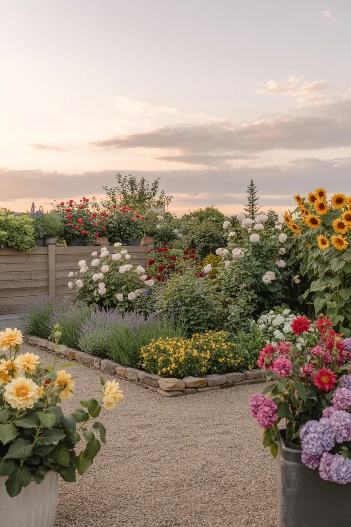 Bunte Gartenlandschaft mit einer stilvollen Umrandung aus Steinen, umgeben von verschiedenen Gräsern, blühenden Pflanzen und dekorativen Pflanzkübeln, geschützt durch Unkrautvlies.